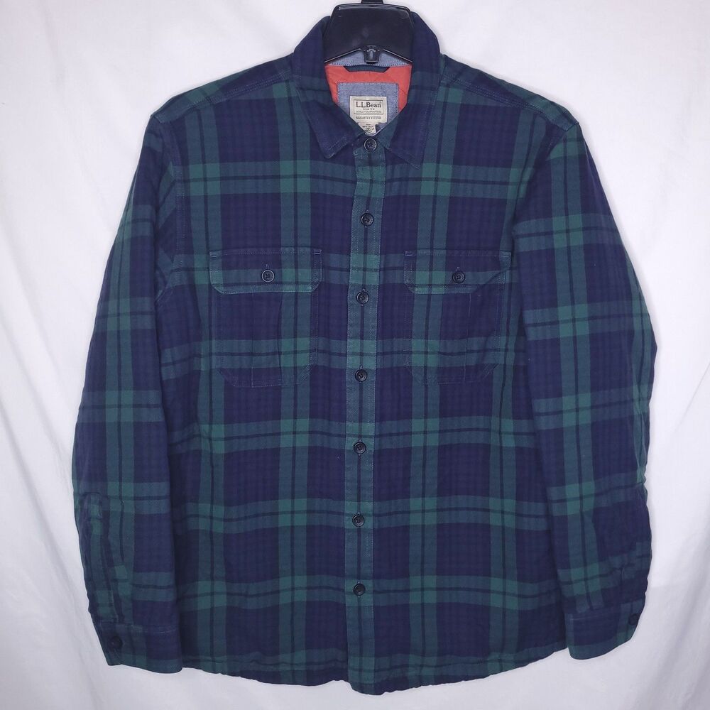 LL Bean Shacket Mens Large Scotch Plaid Blue, Green Primaloft Flannel Lined